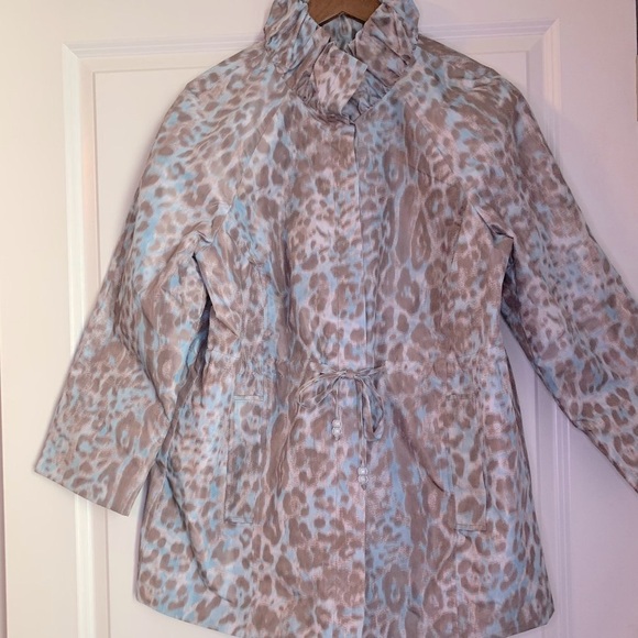 Simonton Says by George Simonton, Blue/Brown Leapard Print Raincoat, Size L - Picture 2 of 9